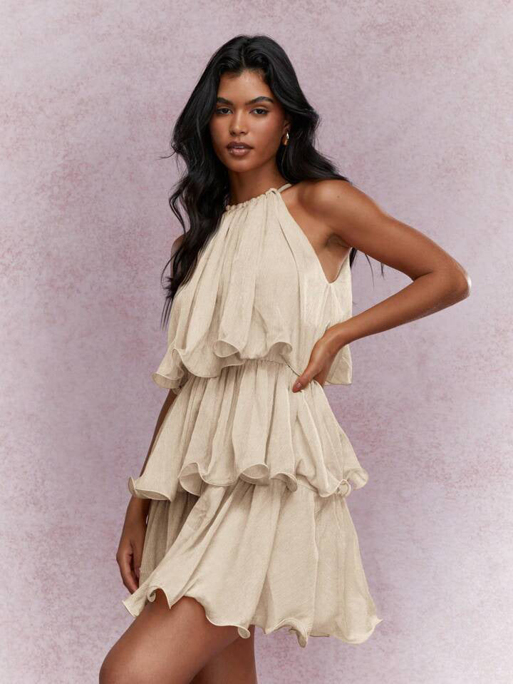 Elegant Halter Neck Sleeveless Strapless Sheer Layered Dress - Ruffled Hem Elegant Women's Summer Party Dress  Beach Vacation Outfits