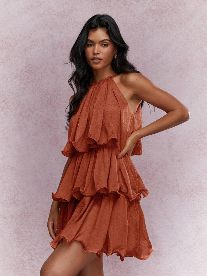 Elegant Halter Neck Sleeveless Strapless Sheer Layered Dress - Ruffled Hem Elegant Women's Summer Party Dress  Beach Vacation Outfits