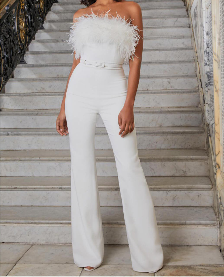 Sleeveless Feather Slimming Bowknot Decoration Straight Long Jumpsuit