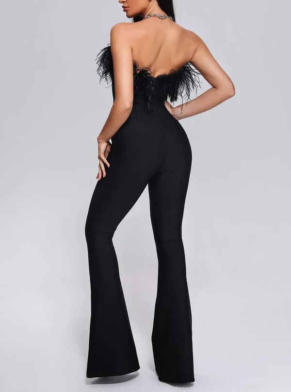 Sleeveless Feather Slimming Bowknot Decoration Straight Long Jumpsuit