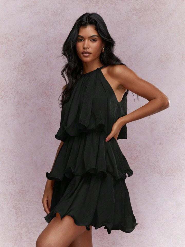 Elegant Halter Neck Sleeveless Strapless Sheer Layered Dress - Ruffled Hem Elegant Women's Summer Party Dress  Beach Vacation Outfits