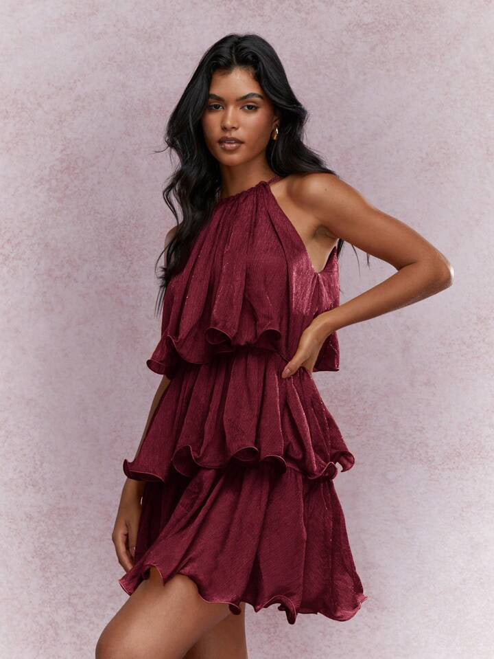 Elegant Halter Neck Sleeveless Strapless Sheer Layered Dress - Ruffled Hem Elegant Women's Summer Party Dress  Beach Vacation Outfits
