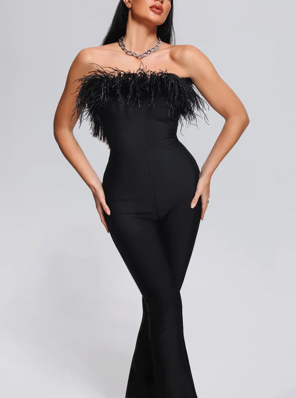 Sleeveless Feather Slimming Bowknot Decoration Straight Long Jumpsuit