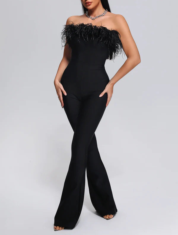 Sleeveless Feather Slimming Bowknot Decoration Straight Long Jumpsuit