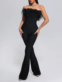 Sleeveless Feather Slimming Bowknot Decoration Straight Long Jumpsuit